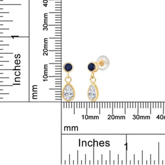 14K Yellow Gold with 1.10 Cttw White Moissanite and Blue Sapphire Post Earrings - Picture 4 of 4